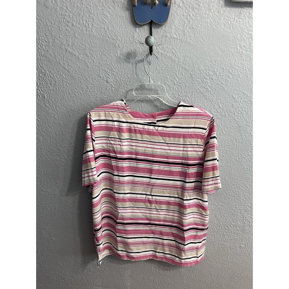 Women's Alfred Dunner size 14 Striped Short Sleeve Blouse White Rose Black